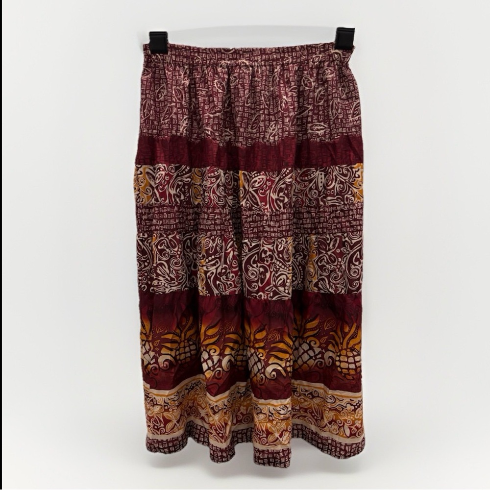 Carole Little 100% Silk Skirt Size 14W MIDI Tiered Red Gold Boho Hippie